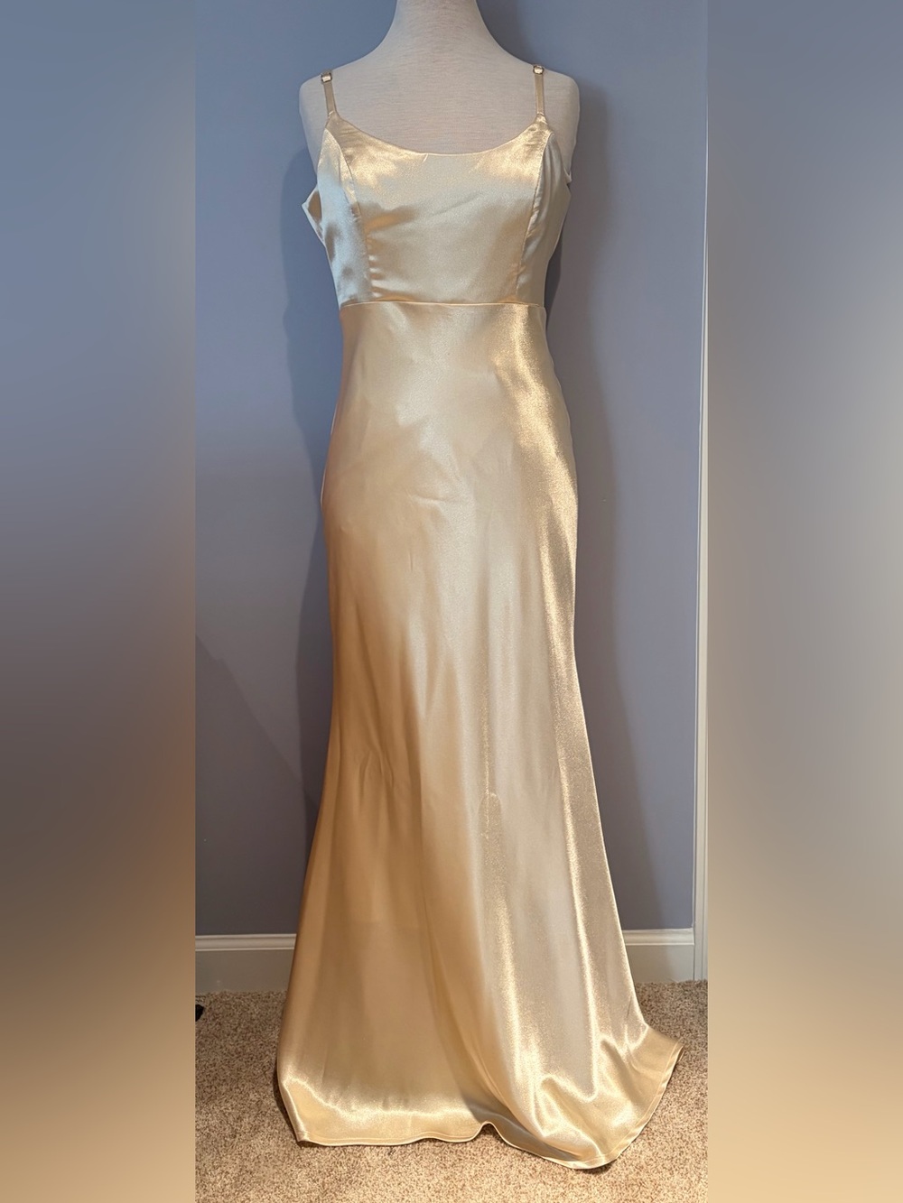Lulu's Satin Maxi Slip dress in Champagne Gold.